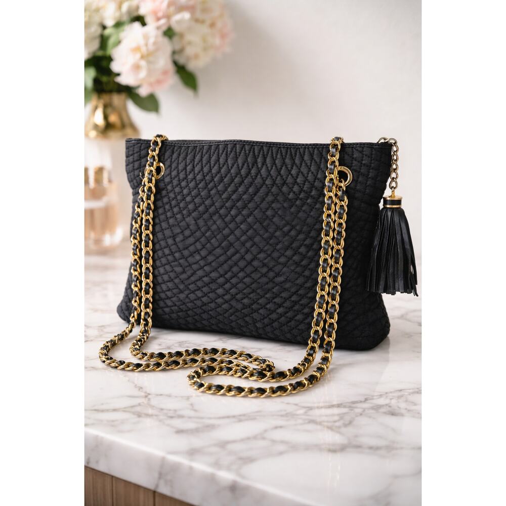 Bally Quilted Chain Bag Black Fabric Gold Chain Tassel Made in Italy